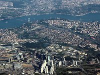 From plane, before landing  This shows the second of the Bosphorus Bridges and, just to the right of the bridge, on the near (European) shore, the remaining towers of the Rumeli Hisari, the castle built by Sultan Mehmet in 1452 as a step in his conquest of Constantinople.
