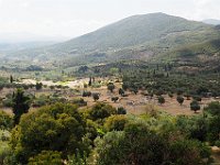 Looking south over the site of Archaea Messene  from the excellent taverna in town, one can see most of the site except for the theater area. The western columns of the agora are 1/3 hidden by a tree on the right, and the stadium is in the distance, behind the Asclepion, on the left.  gr17 092012430 k abc