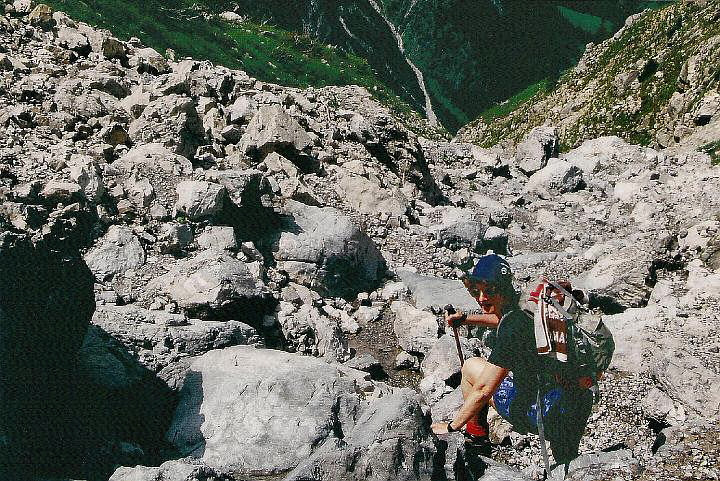 br95_fluralp_04_b.jpg - Siv on her way up the rocky path (not really a path) to the Jagdhütte that you can usually get to across several big ravines.