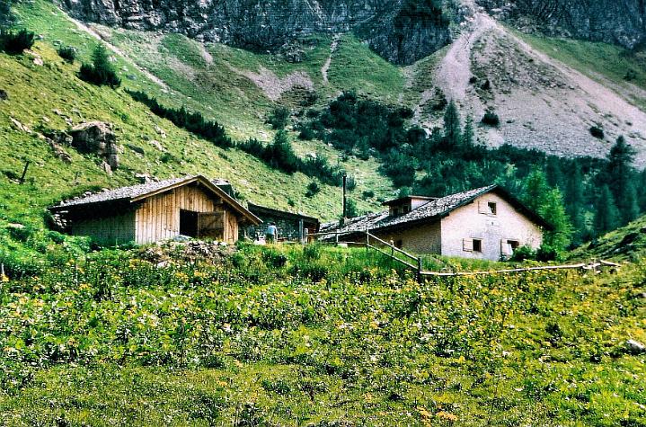 br95_sarotlatal_02_b.jpg - Sarotlahütte seen from across the field on our arrival. At the Hütte we get a good lunch at a very decent price, the same as in most of the other huts for tourists.